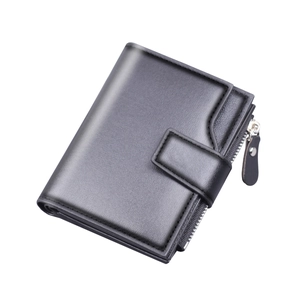 Vertical black leather tri-fold wallet for men with secure snap buckle and zipper pocket