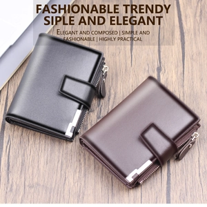 Detail of vertical leather wallets in black and coffee with zipper and snap button