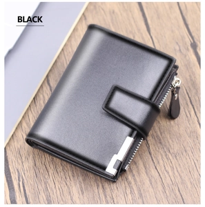 Detail view of black men's leather wallet with snap closure and side metal zipper pocket