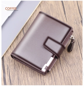 Vertical coffee brown wallet with snap button closure and side zipper pocket on desk