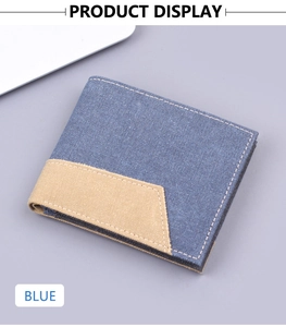 Portefeuille pour homme en toile bleue avec coutures renforcées et détails beiges