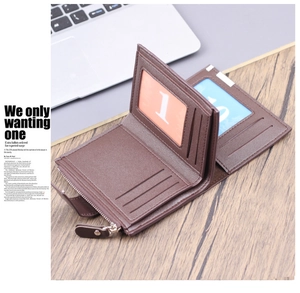 Detail of brown leather men's wallet showing internal card slots and zipper pocket