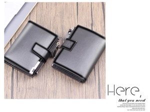 Detail view of men's leather business wallet with card slots and metal zipper closure