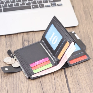Black vertical bifold men's wallet with multiple card slots and side zipper pocket