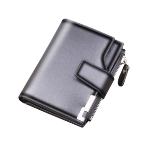 Vertical short leather wallet for men with zipper compartment and snap closure in black