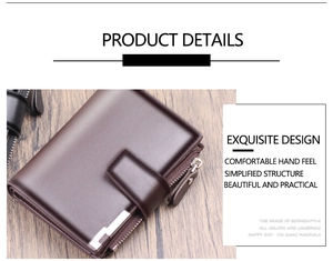 Detailed view of dark brown leather wallet with metal zipper and business style accents