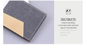 Détail du portefeuille en toile gris et kaki avec coutures contrastées et bicolore