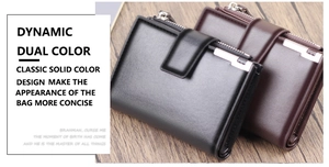 Detailed close-up of high-quality leather wallets in black and dark brown with metal accents