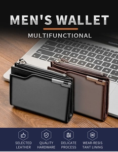 Vertical leather wallet detail showing card slots and zipper in black and coffee brown