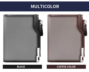 Vertical bi-fold wallets for men in black and coffee leather with zipper and metal detail