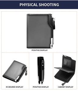 Detail view of men's short black wallet showing multiple card slots and metal zipper pocket