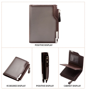 Vertical brown leather wallet for men featuring multi-card slots and side zipper pocket