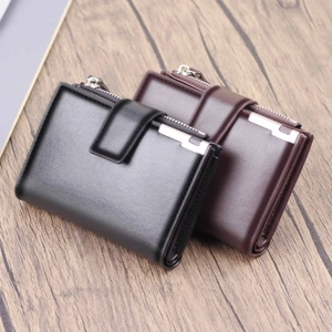 Vertical short leather wallet for men in black and dark coffee with snap and zipper