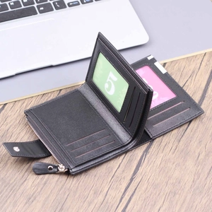 Vertical black matte leather bifold wallet with snap button and zipper coin pocket