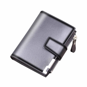 Vertical black men's leather short wallet with zip pocket and button closure