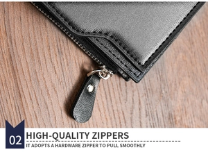 Macro view of high-quality metal zipper and precision stitching on black leather wallet