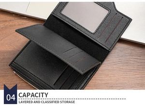 Close-up of black leather wallet showing layered card slots and a metal zipper compartment