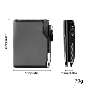 Vertical short men's wallet with multi-card slots and zipper coin pocket in black leather