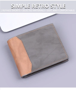 Close-up of retro bifold men's wallet with grey and brown matte leather stitching