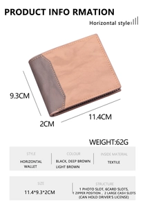Detailed size chart and internal structure of the men's short bifold leather wallet