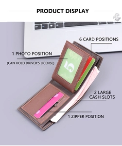Detail of men's brown bi-fold wallet interior with 6 card slots and 2 cash compartments