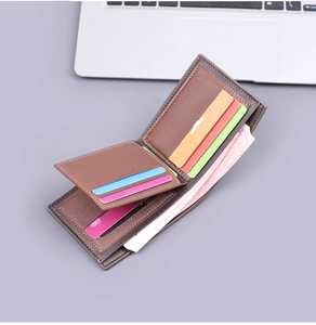 Short brown men's wallet with multiple card slots and large cash compartment