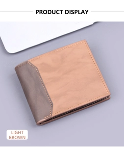 Detail view of light brown bi-fold men's wallet with contrast stitching and card slots