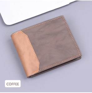 Detail of coffee brown bifold short wallet with professional stitching and leather texture