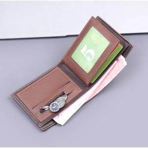 Detail view of men's brown bifold wallet showing card slots and zipper coin pocket