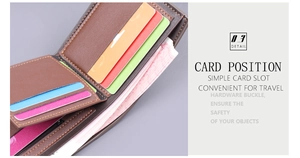 Detail of short leather wallet for men featuring multiple colorful card slots and stitching