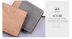Detail of durable suture stitching on men's short leather wallets in brown and gray