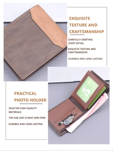 Macro detail of men's bi-fold wallet featuring a zipper coin pocket and clear photo ID slot