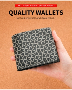 Détail d'un portefeuille en cuir avec motif étoilé, coutures blanches et protection RFID
