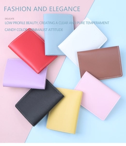 Vista detallada de tarjeteros minimalistas de cuero PU en ocho colores dulces variados