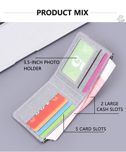Detailed interior of grey canvas wallet showing 5 card slots and transparent ID window