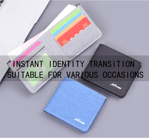 Slim canvas bifold wallet detail showing multiple card slots and clear ID window