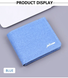 Top view of blue canvas bifold men wallet with white stitching and julizeon brand logo