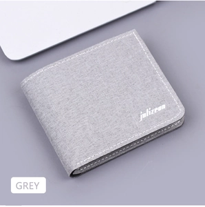 Close-up of grey canvas bifold wallet featuring fine stitching and brand logo detail