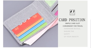 Detail view of the multi-card slots inside this slim grey canvas bi-fold wallet for men