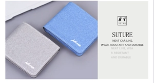 Detail view of canvas wallet stitching and texture in grey and blue color options