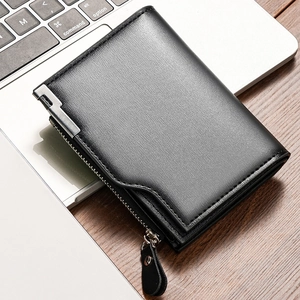 Men Genuine Cowhide Leather Wallet Short Vertical Minimalist Multi Card Slots Zipper Coin Pocket Bifold Business Money Clip