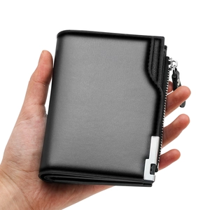 Vertical black men's short wallet with zipper pocket and silver metal trim in hand