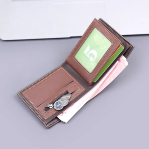 Brown bifold short wallet for men featuring coin pocket with zipper and multiple card slots