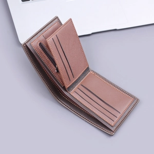 Business bifold wallet for men with card slots and a zipper coin pocket in grey and brown