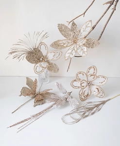 Detailed set of 5 champagne gold Christmas decorations with glitter flowers and birds