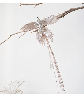 Detailed champagne artificial bird ornament with feathers, pearls and glitter tassels