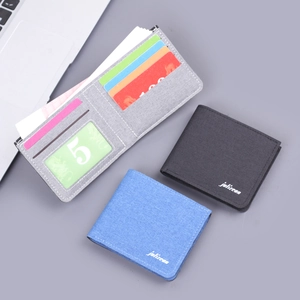 Slim canvas bifold wallet for men in grey, black, and blue with multi-card slots