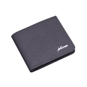 Slim bifold dark grey canvas wallet for men featuring a minimalist logo design