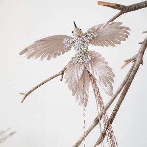 Elegant champagne bird ornament with pearls and gold glitter for Christmas tree decor