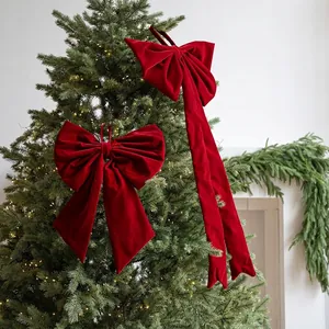 Large Burgundy Velvet Bow For Christmas Tree Decoration Hanging Bowknot Indoor Window Showcase Party Festive Decor